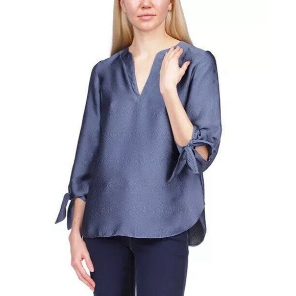 Michael Kors Tops - Michael Kors Women XS Blue Navy Solid Satin Tie Top Chambbary Officewear Bow